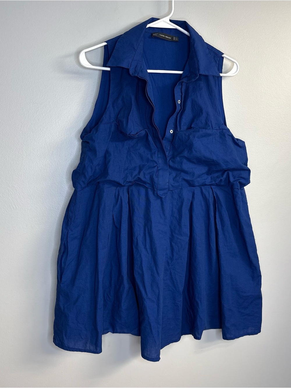 Sleeveless Collared Blue Women's mini Dress pockets